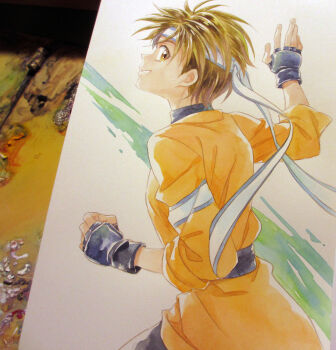 1girl agahari black_gloves black_pants black_sash brown_eyes brown_hair commentary_request cowboy_shot fingerless_gloves from_behind gensou_suikoden gensou_suikoden_ii gloves hand_up headband japanese_clothes kimono looking_at_viewer looking_back orange_kimono painting_(medium) pants parted_lips photo_(medium) sash short_hair short_kimono smile solo standing tomboy traditional_media wakaba_(suikoden) white_headband