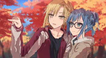 2girls asahi_rokka autumn bang_dream! bang_dream!_girls_band_party! black-framed_eyewear blonde_hair blue_eyes blue_hair brown_hoodie closed_mouth commentary_request glasses highres hood hoodie jacket letterman_jacket long_sleeves looking_ahead multiple_girls open_clothes open_jacket outdoors pointing ponytail red_jacket sato_masuki short_hair smile yellow_eyes yukitake_(bullfalk)