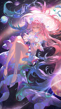 1girl absurdres bare_shoulders blue_flower chinese_commentary colored_tips commentary_request cyrene_(honkai:_star_rail) cyrene_(ripples_of_past_reverie)_(honkai:_star_rail) detached_sleeves dress eyelashes feather_hair_ornament feathers floating floating_hair flower full_body hair_flower hair_ornament halter_dress halterneck hei_yu high_heels highres honkai:_star_rail honkai_(series) knees leg_tattoo long_dress long_hair looking_at_object meteor_shower multicolored_hair object_floating_above_hand parted_lips pink_hair planet planetary_ring purple_eyes purple_flower purple_rose rose shoes short_sleeves smile solo space tattoo train_(clothing) very_long_hair white_dress white_shoes white_sleeves