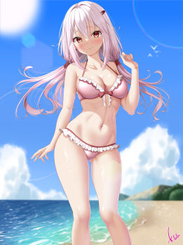 1girl :3 bare_shoulders beach bikini blush breasts cleavage closed_mouth collarbone commentary commission contrapposto feet_out_of_frame floating_hair frilled_bikini frills gluteal_fold guilty_crown hair_ornament hair_tubes highres kogarashi_tobi large_breasts long_hair looking_at_viewer low_twintails navel outdoors pink_bikini pink_hair red_eyes seaside sideboob signature skeb_commission solo stomach swimsuit thighs twintails yuzuriha_inori