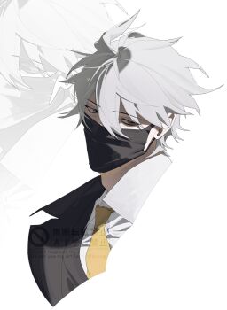 1boy bags_under_eyes black_coat black_eyes coat collared_shirt covered_mouth ghostblade_(to_be_hero_x) hair_between_eyes head_tilt highres looking_at_viewer male_focus mask mouth_mask necktie popped_collar portrait revealing_layer sa0429sa shirt short_hair solo to_be_hero to_be_hero_x white_hair white_shirt yellow_necktie
