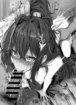 1girl 2boys all_fours azki_(hololive) black_hair blush braid fellatio fucked_silly fumihiko_(fu_mihi_ko) furrowed_brow grabbing_another's_hair greyscale group_sex hair_between_eyes hair_ornament half-closed_eyes holding_another's_hair hololive indoors long_hair male_pubic_hair mmf_threesome mole mole_under_eye monochrome multiple_boys navel nipples nude on_bed oral out_of_frame pubic_hair sex sex_from_behind sidelocks sound_effects sweat sweatdrop threesome virtual_youtuber