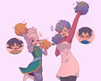 1girl 3boys black_hair black_pantyhose blue_hair boo_and_marie bulma cheering cheerleader close-up colored_skin commentary cowboy_shot cut-in dragon_ball dragon_ball_daima english_commentary heart highres holding holding_pom_poms jewelry kaioushin mohawk multiple_boys multiple_girls musical_note necklace one_eye_closed open_mouth pantyhose pink_background pink_skin pointy_ears pom_pom_(cheerleading) pom_poms portrait shin_(dragon_ball) short_hair son_goku sparkle spiked_hair spoken_heart spoken_musical_note teeth upper_teeth_only vegeta white_hair widow's_peak