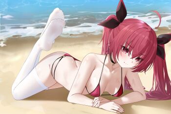 1girl ahoge ass azur_lane beach bikini black_choker blush breasts butt_crack choker collarbone commentary_request date_a_live hair_ribbon highres itsuka_kotori itsuka_kotori_(waterside_goddess) legs_up long_hair looking_at_viewer lying ocean on_stomach outdoors pout red_bikini red_eyes ribbon sand small_breasts soles solo swimsuit thighhighs toes twintails very_long_hair white_thighhighs zerotwenty_(020)