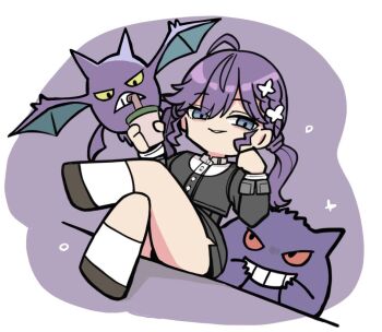 1girl ahoge bendy_straw black_dress blue_eyes braid brown_shoes commentary_request crobat crossed_legs crossover cup disposable_cup dress drinking_straw gakuen_idolmaster gen_1_pokemon gen_2_pokemon gengar hair_between_eyes hands_up holding holding_cup idolmaster kawamochi_(kawauti919) kaya_rinha long_hair long_sleeves looking_at_viewer nintendo pokemon pokemon_(creature) purple_background purple_hair shirt shoes sitting smile socks twintails two-tone_background white_background white_shirt white_socks