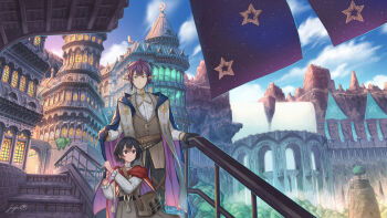 1boy 1girl black_cape black_gloves black_hair blue_sky brown_bag brown_eyes cape closed_mouth commentary_request commission day elf gloves green_eyes highres long_sleeves nagi_itsuki original outdoors pointy_ears purple_hair railing scenery short_hair signature skeb_commission sky smile stairs tree water waterfall window