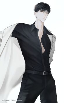 1boy aegyo_sal belt black_eyes black_hair black_shirt coat collared_shirt contrapposto dressing highres kim_dokja male_focus omniscient_reader&#039;s_viewpoint open_clothes open_coat outstretched_arms partially_open_shirt serious shirt short_hair solo white_coat yiyuehua