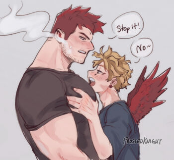 2boys artist_name black_shirt blonde_hair blue_shirt blush boku_no_hero_academia commentary endeavor_(boku_no_hero_academia) english_commentary english_text facial_hair feathered_wings hand_on_another&#039;s_chest hawks_(boku_no_hero_academia) leo_(frosted_knight) looking_at_another looking_down male_focus multiple_boys open_mouth profile red_hair red_wings shirt short_hair short_sleeves sideburns speech_bubble steam t-shirt teeth tongue upper_body upper_teeth_only wings yaoi