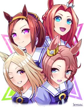 Rule 34 | 4girls, animal ears, blonde hair, blue eyes, blush, bow, bowtie, braid, breasts, brown hair, closed mouth, commentary request, cropped shoulders, curtained hair, ear covers, flower in eye, forehead, gold hairband, grin, hair between eyes, hairband, half up half down braid, highres, horse ears, horse girl, kawakami princess (umamusume), long hair, looking at viewer, medium hair, multiple girls, narita taishin (umamusume), narita top road (umamusume), one eye closed, open mouth, ponytail, puffy short sleeves, puffy sleeves, purple bow, purple bowtie, purple eyes, purple shirt, sailor collar, sailor shirt, sakura bakushin o (umamusume), school uniform, shirt, short hair, short sleeves, single ear cover, smile, sweatdrop, symbol in eye, teeth, torinosukei, tracen school uniform, umamusume, white sailor collar