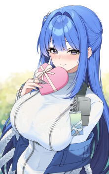 1girl arcana_(nikke) blue_eyes blue_hair blush box box_of_chocolates breast_zipper breasts claws dress ear_piercing earrings full-length_zipper goddess_of_victory:_nikke hair_ornament holding jewelry large_breasts long_hair long_sleeves looking_at_viewer nightgown one_side_up piercing purple_eyes silver_nails smile solo tight_clothes tight_dress turtleneck turtleneck_dress very_long_hair white_background white_dress white_nails white_nightgown yuxian_youka zipper zipper_dress