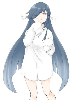 1girl akara_kai black_hair brown_eyes cowboy_shot hair_over_one_eye hair_ribbon hayashimo_(kancolle) highres kantai_collection long_hair long_sleeves looking_at_viewer no_pants ribbon shirt sleeves_past_fingers sleeves_past_wrists smile solo very_long_hair white_background white_shirt