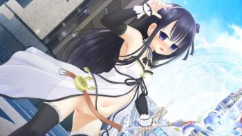 Rule 34 | 1girl, asymmetrical bangs, babydoll, belt, black flower, black hair, black rose, black sleeves, black thighhighs, blue eyes, blue gem, blue sky, blunt bangs, blush, bottomless, breasts, brooch, brown belt, building, character request, choker, choppy bangs, city, cleft of venus, cloud, copyright request, cowboy shot, day, detached sleeves, dutch angle, ear blush, embarrassed, exhibitionism, fighting stance, flower, frilled choker, frills, game cg, gem, gold trim, gradient hair, hair flower, hair ornament, hairband, holding, holding staff, jewelry, lace, lace-trimmed sleeves, lace-trimmed thighhighs, lace trim, long hair, mage staff, magic, magic circle, magical girl, multicolored hair, nanamiya runa, nanamiya runa (magical girl), navel, no panties, non-web source, nose blush, official art, open mouth, outdoors, public indecency, pussy, road, rose, roshutsu-kei mahou shoujo, self-datamine, shitou (4h), sidelocks, sky, small breasts, solo, staff, standing, straight hair, strapless, street, thighhighs, white babydoll, white wrist cuffs, wrist cuffs