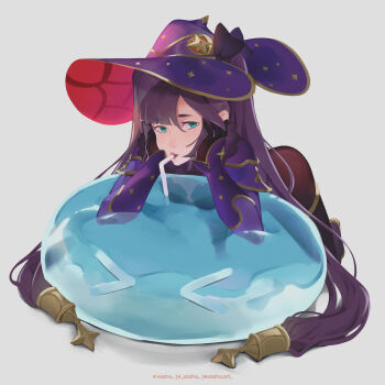 1girl artist_name black_hair breast_press breasts creature drinking_straw genshin_impact gloves green_eyes grey_background hat highres kneeling lips long_hair looking_at_viewer medium_breasts mona_(genshin_impact) slime slime_(genshin_impact) twintails very_long_hair xasha