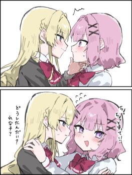 2girls amaori_renako black_jacket blazer blonde_hair blue_eyes blush bow commentary_request flying_sweatdrops hand_on_another&#039;s_face hand_on_another&#039;s_shoulder highres jacket long_hair medium_hair mesugakisaikou multiple_girls open_mouth ouzuka_mai parted_lips pink_hair purple_eyes red_bow school_uniform shirt simple_background translation_request watashi_ga_koibito_ni_nareru_wake_naijan_murimuri! white_background white_shirt yuri