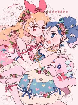 2girls absurdres aikatsu! aikatsu!_(series) blonde_hair blue_dress blue_eyes blue_hair blue_ribbon bow cowboy_shot dress elbow_gloves floral_background flower gloves hair_bow hair_flower hair_ornament heart highres hoshimiya_ichigo hug idol_clothes kiriya_aoi long_hair looking_at_another multiple_girls open_mouth pink_dress pink_flower pink_ribbon pink_rose red_eyes ribbon rose smile standing stuffed_animal stuffed_toy teddy_bear white_gloves yukikokoro