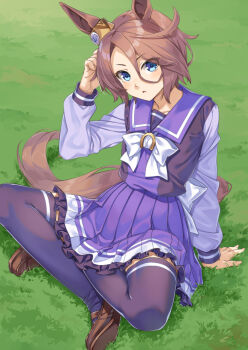 Rule 34 | 1girl, animal ears, blue eyes, bow, brown hair, brown shoes, commentary, horse ears, horse girl, horse tail, indian style, long sleeves, miri (ago550421), narita taishin (umamusume), on ground, open mouth, purple sailor collar, purple shirt, purple skirt, purple thighhighs, sailor collar, school uniform, shirt, shoes, short hair, sitting, skirt, solo, tail, thighhighs, tracen school uniform, umamusume, white bow