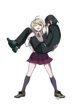 1boy 1girl ahoge akamatsu_kaede assertive_female black_hair black_jacket blonde_hair blush buttons carrying collared_shirt commentary danganronpa_(series) danganronpa_v3:_killing_harmony eagerfiend english_commentary femboy fortissimo full-face_blush hair_ornament hetero highres illusion jacket kneehighs legs_apart long_hair long_sleeves looking_at_viewer musical_note musical_note_hair_ornament necktie open_mouth orange_necktie pink_sweater_vest pink_vest pleated_skirt princess_carry saihara_shuichi shirt short_hair skirt smile socks standing sweater_vest vest white_background white_shirt