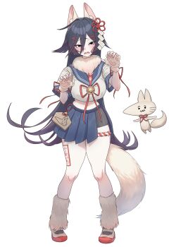 1girl absurdres animal_ear_fluff animal_ears animal_hands bike_shorts bike_shorts_under_skirt black_eyes black_hair blue_skirt blush breasts commentary creature double-parted_bangs english_commentary full_body gloves hair_between_eyes hands_up highres long_hair looking_at_viewer medium_breasts midriff okubatomaeba open_mouth original paw_gloves shirt shoes short_sleeves simple_background skirt solo white_background white_gloves white_shirt white_shoes