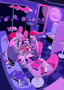 2girls black_footwear black_jacket blurry bokeh booth_seating braid burger cellphone cup depth_of_field diner disposable_cup food french_fries hair_ornament hairclip highres holding holding_burger holding_food jacket menu multicolored_clothes multiple_girls nakazawa_ayami neon_lights neon_palette open_sign original phone pink_shorts pink_socks red_eyes red_hair shorts socks tile_floor tiles twin_braids