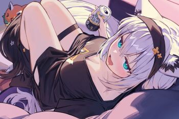 1girl :d ahoge animal_ears aqua_eyes black_hairband black_shirt black_socks breasts can cleavage clothing_cutout commentary_request deaver drooling fox_ears fox_girl fox_tail hairband highres hip_vent holding holding_can hololive indoors large_breasts looking_at_viewer loungewear mouth_drool no_pants no_shoes official_alternate_costume open_mouth pentagram shirakami_fubuki shirakami_fubuki_(loungewear) shirt side-tie_shirt sitting smile socks solo t-shirt tail thigh_strap v-neck virtual_youtuber white_hair