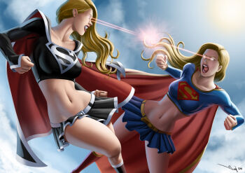 2girls belt blonde_hair blue_eyes breasts cape clenched_hand clenched_teeth cloud crop_top dark_persona dc_comics energy energy_beam eye_beam iury_padilha kryptonian large_breasts laser laser long_hair midriff miniskirt multiple_girls navel open_mouth skirt sky supergirl superman_(series) teeth