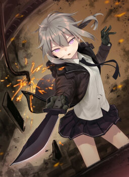 1girl black_necktie black_skirt brown_hair brown_jacket collared_shirt combat_knife commentary_request girls&#039;_frontline gloves gou_(double_trigger) grey_gloves highres holding holding_knife holding_weapon hood hooded_jacket jacket knife looking_at_viewer m200_(girls&#039;_frontline) necktie open_clothes open_jacket open_mouth pleated_skirt purple_eyes shirt skirt solo sparks weapon white_shirt wire