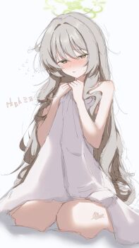 1girl absurdres bed_sheet blue_archive blush flying_sweatdrops green_eyes green_halo grey_hair half-closed_eyes halo highres k0me long_hair looking_at_viewer miyo_(blue_archive) naked_sheet simple_background sitting solo very_long_hair wariza white_background