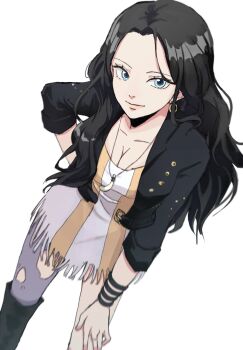 1girl black_hair black_jacket blue_eyes boots closed_mouth dress earrings hand_on_own_hip highres jacket jewelry long_hair n_i_c0 nico_robin one_piece one_piece_film:_red pendant ring smile solo striped_clothes striped_dress thigh_boots thighhighs torn_clothes torn_thighhighs vertical-striped_clothes vertical-striped_dress white_background