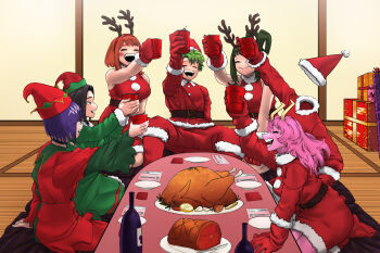 1boy 6+girls alcohol amano44 ashido_mina asui_tsuyu belt black_hair boku_no_hero_academia box breasts brown_belt brown_hair christmas closed_eyes closed_mouth colored_skin commentary cup dress english_commentary food gift gift_box green_hair hagakure_toru ham highres holding holding_cup indoors jiro_kyoka large_breasts long_hair long_sleeves medium_hair midoriya_izuku mittens multiple_girls open_mouth pants pink_hair pink_skin purple_hair red_dress red_mittens red_pants red_shirt santa_costume shirt short_hair sleeveless sleeveless_shirt table tatami teeth toasting_(gesture) turkey_(food) upper_teeth_only uraraka_ochako yaoyorozu_momo