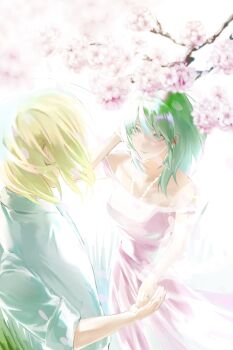 Rule 34 | 1boy, 1girl, alternate costume, bare shoulders, blonde hair, breasts, cherry blossoms, commentary request, dimitri alexandre blaiddyd, dimitri alexandre blaiddyd (timeskip), dress, female byleth (awakened) (fire emblem), female byleth (fire emblem), fire emblem, fire emblem: three houses, from above, green eyes, green hair, highres, looking at another, medium breasts, nintendo, official alternate eye color, official alternate hair color, pink dress, short hair, ujiji0401