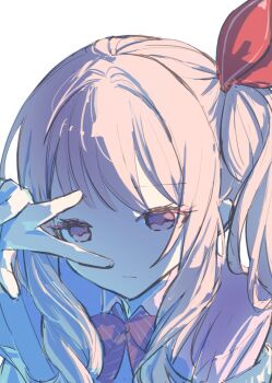 1other akiyama_mizuki bow bowtie cardigan cardigan_partially_removed chinese_commentary circon closed_mouth collared_shirt commentary_request empty_eyes eyelashes eyes_visible_through_hair frown hair_bow half-closed_eyes highres kamiyama_high_school_uniform_(project_sekai) long_hair long_sleeves other_focus pink_eyes pink_hair pink_shirt project_sekai red_bow red_bowtie sad school_uniform shirt side_ponytail simple_background solo striped_bow striped_bowtie striped_clothes upper_body v white_background yellow_cardigan