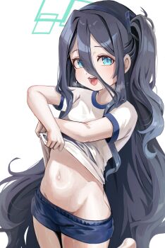 1girl absurdres aris_(blue_archive) black_hair blue_archive blue_buruma blue_eyes blush buruma clothes_lift groin gym_shirt gym_uniform hair_between_eyes hairband halo highres kraken_mikan lifting_own_clothes loli long_hair looking_at_viewer navel one_side_up open_mouth shirt shirt_lift short_sleeves shorts simple_background smile solo stomach sweat teeth tongue upper_teeth_only very_long_hair white_background white_shirt
