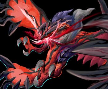 black_background blue_eyes blue_sclera claws colored_sclera fangs gen_6_pokemon highres horns komagome legendary_pokemon nintendo no_humans open_mouth pokemon pokemon_(creature) pokemon_focus sharp_teeth simple_background solo talons teeth wings yveltal