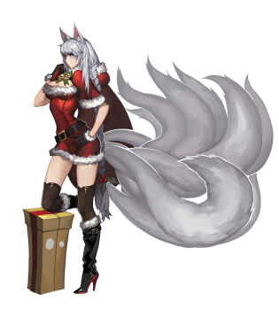 1girl ahri_(league_of_legends) alternate_color alternate_costume animal_ears blue_eyes boots box braid breasts capelet cleavage cleavage_cutout clothing_cutout female_focus fox_ears fox_tail gift gift_box gloves hand_on_own_hip high_heel_boots high_heels highres large_breasts league_of_legends leg_up long_hair multiple_tails on_box sack santa_costume silver_hair single_braid slit_pupils solo stiletto_heels tail thighhighs tyutii