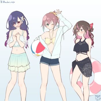 3girls ball beachball bikini bikini_skirt black_bikini black_sarong blue_shorts blush bow braid brown_eyes closed_mouth collarbone colored_inner_hair commentary_request dated denim denim_shorts embarrassed eyes_visible_through_hair flower gradient_background gradient_hair green_eyes grey_background hair_between_eyes hair_bow hair_flower hair_ornament hair_over_one_eye hair_ribbon highres holding holding_ball holding_beachball innertube jacket legs_apart long_bangs long_hair long_sleeves looking_at_another medium_hair midriff mukai_rinjin multicolored_bikini multicolored_hair multiple_girls navel one_eye_closed open_clothes open_jacket open_mouth original parted_bangs partially_unzipped pink_eyes polka_dot polka_dot_bow ponytail purple_hair red_bow ribbon sarong see-through_clothes see-through_sarong short_shorts shorts sleeves_past_wrists smile standing swim_ring swimsuit thumb_hole_sleeves twitter_username wavy_mouth white_flower white_jacket yellow_bikini yellow_ribbon