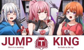 5girls absurdres alcohol animal_ears bandaged_arm bandages bare_shoulders blanket blue_hair blush breasts cdawgva cleavage closed_eyes closed_mouth cup drinking_glass english_text fang gawr_gura gradient_hair hair_between_eyes hair_ornament hakos_baelz highres holding holding_cup hololive hololive_english hololive_indonesia indoors irys_(hololive) jan_azure jewelry jump_king kureiji_ollie meme microphone monitor mori_calliope mori_calliope_(streetwear) mouse_ears mug multicolored_hair multiple_girls necklace open_mouth parody pink_eyes pink_hair ponytail purple_eyes red_hair red_shirt see-through_clothes shark_hair_ornament sharp_teeth shirt skull_and_crossbones smile smug split_screen streaked_hair t-shirt takanashi_kiara tank_top teeth trash_taste two_side_up upper_teeth_only v virtual_youtuber white_hair white_tank_top wine wine_glass