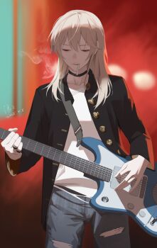 1girl absurdres black_choker black_jacket blue_pants choker cigarette closed_eyes commentary dated electric_guitar fender_jazzmaster girls_band_cry grey_hair guitar guitar_strap highres holding holding_guitar holding_instrument instrument jacket jewelry kawaragi_momoka long_hair multiple_rings music open_clothes open_jacket pants playing_guitar playing_instrument ring roundschen shirt smoke solo white_shirt