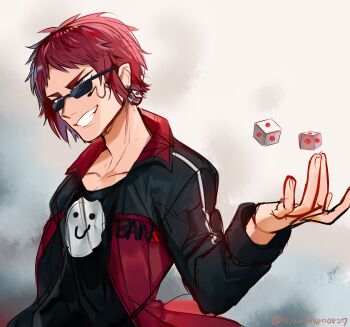 1boy absurdres bans black_shirt copyright_name dice dice_earrings earrings grin hand_up highres jacket long_sleeves male_focus ninahachi open_clothes open_jacket red_eyes red_jacket shirt short_eyebrows sketch smile solo sunglasses tenkai_tsukasa thick_eyebrows twitter_username upper_body virtual_youtuber