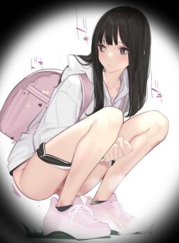 1girl amamitsuki backpack bag black_hair black_shorts black_socks blush brown_eyes clothes_pull collarbone grass heart hood hoodie long_hair long_sleeves looking_to_the_side original peeing pink_shoes pussy randoseru shoes shorts shorts_pull sneakers socks sparkle squatting steam voyeurism white_hoodie