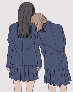 2girls black_hair blue_jacket blue_skirt brown_hair from_behind head_on_another's_shoulder highres jacket kamatama_rom leaning_on_person long_hair long_sleeves medium_hair multiple_girls original school_uniform simple_background skirt white_background yuri