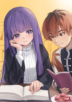 Rule 34 | 1boy, 1girl, absurdres, blush, book, commentary request, demonasa, fern (sousou no frieren), fingerless gloves, fingernails, gloves, highres, holding, holding book, long hair, long sleeves, open book, purple eyes, purple hair, red eyes, red hair, smile, sousou no frieren, stark (sousou no frieren), sweater
