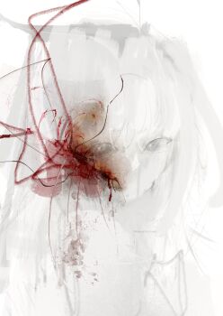 Rule 34 | 1girl, abstract, absurdres, blood, brush stroke, facing viewer, highres, looking back, original, pale color, seyooe, sideways glance, solo, spot color, upper body