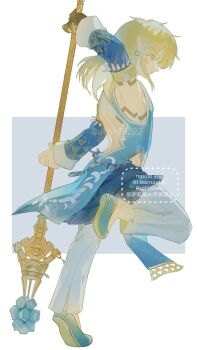 Rule 34 | 1boy, a15179222, arm markings, blonde hair, blue eyes, blue sleeves, blue vest, body markings, border, detached sleeves, earrings, flats, frostbite set (zelda), full body, grey background, hair between eyes, highres, holding, holding polearm, holding weapon, jewelry, long hair, nintendo, pants, pointy ears, polearm, sidelocks, solo, the legend of zelda, the legend of zelda: tears of the kingdom, twintails, vest, weapon, white border, white pants