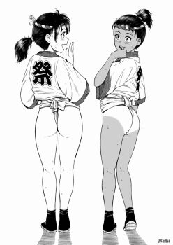 2girls ass bare_legs black_footwear from_behind full_body fundoshi gluteal_fold greyscale hachimaki happi headband high_ponytail highres japanese_clothes kneepits loli looking_at_another mizu_happi monochrome multiple_girls nejiri_hachimaki open_mouth original ponytail profile short_ponytail smile standing sweat tan tanline thighs tokai