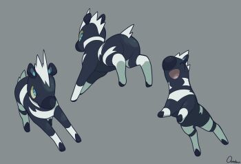 blitzle blue_eyes blush closed_eyes colored_sclera gen_5_pokemon grey_background happy highres hooves nintendo open_mouth ouran pokemon pokemon_(creature) signature simple_background smile yellow_sclera zebra