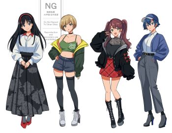 4girls absurdres alternate_costume amagi_yukiko black_boots black_choker black_hair black_jacket black_skirt black_thighhighs blue_eyes blue_hair blue_hat blue_shorts boots breasts brown_eyes brown_hair choker cleavage closed_mouth collarbone collared_shirt crop_top denim denim_shorts green_jacket grey_boots grey_pants hairband hands_in_pockets hat high_heel_boots high_heels highres jacket jewelry knee_boots kujikawa_rise long_hair long_skirt long_sleeves looking_at_viewer medium_breasts multiple_girls navel necklace open_mouth pants persona persona_4 red_hairband red_skirt satonaka_chie shinonome048 shirogane_naoto shirt short_hair shorts simple_background skirt smile thighhighs twintails unmoving_pattern v watermark white_background white_boots white_shirt