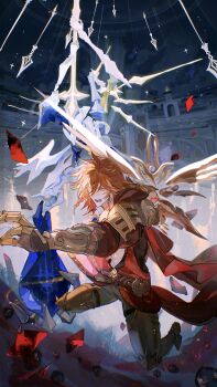 1boy abs absurdres arm_tattoo armian armlet armored_boots black_coat black_pants blonde_hair boots braid clawed_gauntlets coat commentary earrings english_commentary facial_tattoo gold_earrings gold_necklace gradient_hair highres honkai:_star_rail honkai_(series) jewelry male_focus medium_hair multicolored_hair mydei_(honkai:_star_rail) necklace open_clothes open_coat pants red_hair red_tattoo side_braid solo tattoo toned toned_male yellow_eyes