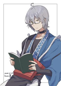 Rule 34 | 1boy, ahoge, book, choker, dated, glasses, grey hair, highres, holding, holding book, japanese clothes, kumateya, long sleeves, morichika rinnosuke, reading, semi-rimless eyewear, short hair, signature, simple background, solo, touhou, white background
