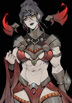 1girl abs black_background black_hair black_lips breasts commentary hades_(series) hades_2 highres lips medium_breasts muscular muscular_female navel nemesis_(hades) pelvic_curtain simple_background solo stomach yellow_eyes ykshelter