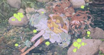 Rule 34 | 1girl, absurdres, afloat, apple, blue eyes, brown hair, commentary, dress, english text, food, fruit, full body, green apple, hair intakes, hat, highres, holding, holding unworn clothes, holding unworn hat, in water, long hair, looking at viewer, lying, on back, original, river, riverbank, solo, sun hat, twintails, untranslatable commentary, unworn hat, unworn headwear, water, wet, white dress, z3zz4